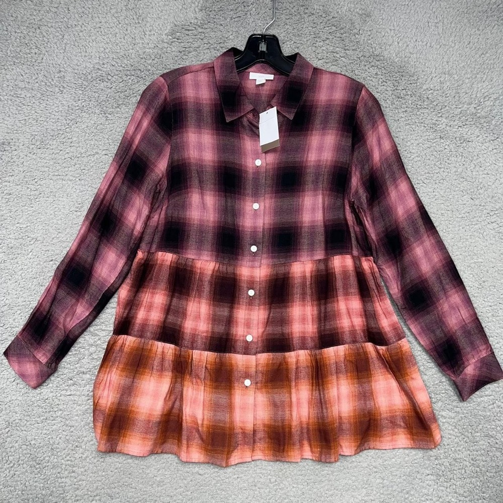 NWT J Jill Tunic Shirt XS Petite XSP Ombre Plaid Tiered Babydoll Top Cottagecore